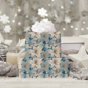 Modern White Poinsettia Christmas Blue Pattern Wrapping Paper