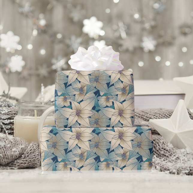Modern White Poinsettia Christmas Blue Pattern Wrapping Paper (Creator Uploaded)