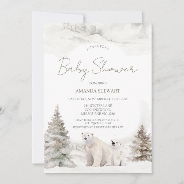 Modern White Polar Bear Cub Winter Baby Shower Invitation (Front)
