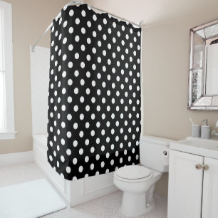 Modern White Polka Dots on Black Shower Curtain