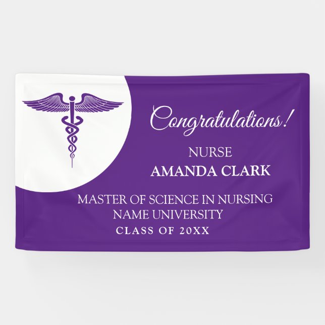 Modern White & Purple Caduceus Nurse Rn Graduation Banner (Horizontal)