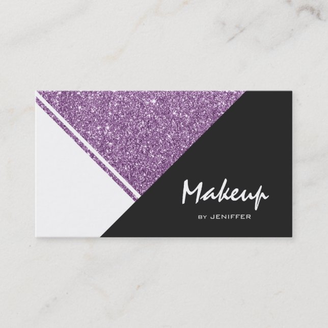 Modern White Purple Glitter Black triangle Business Card (Front)