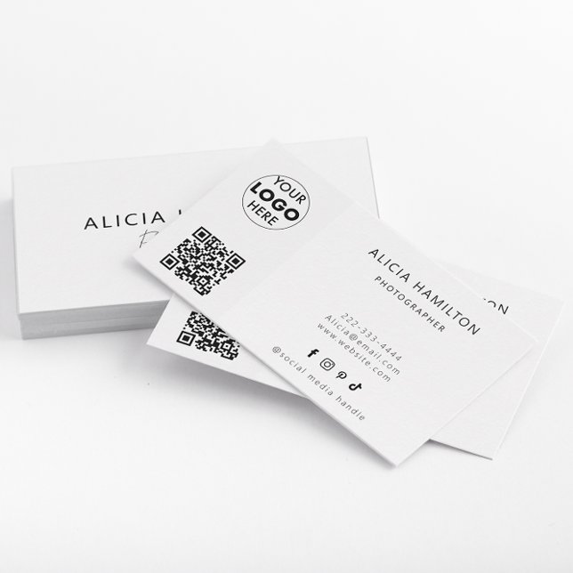 Modern | White | QR Code & Logo | Minimalist Business Card (A sleek white minimalist business card design which features customisable QR Code & logo.)