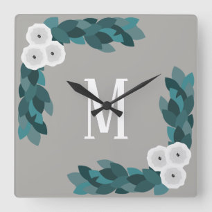 Modern White Ranunculus Flower & Foliage Monogram Square Wall Clock