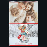 Modern White Red Christmas Calendar<br><div class="desc">Christmas greeting with a sleigh carrying gifts with everyone's names. Personalise it with the year,  everyone's name and family name and put your best photos according with each month of the year and enjoy with your family all the year.</div>