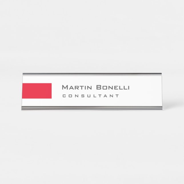 Modern White Red Simple Consultant Desk Name Plate (Front)