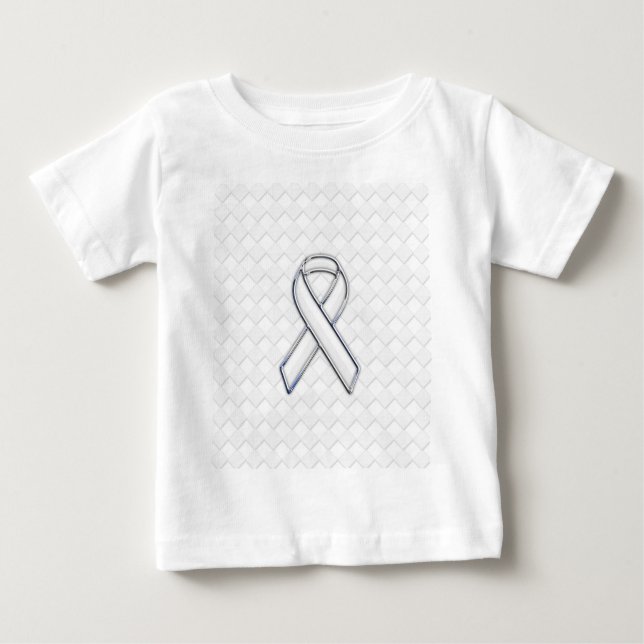 Modern White Ribbon Awareness on Checkers Print Baby T-Shirt (Front)