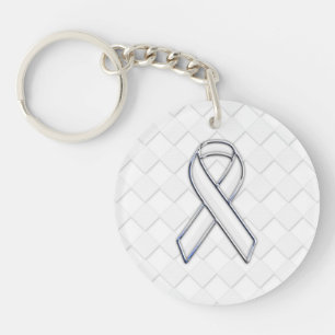 Modern White Ribbon Awareness on Checkers Print Key Ring