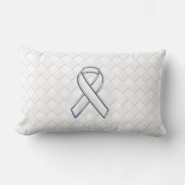 Modern White Ribbon Awareness on Checkers Print Lumbar Cushion (Front)