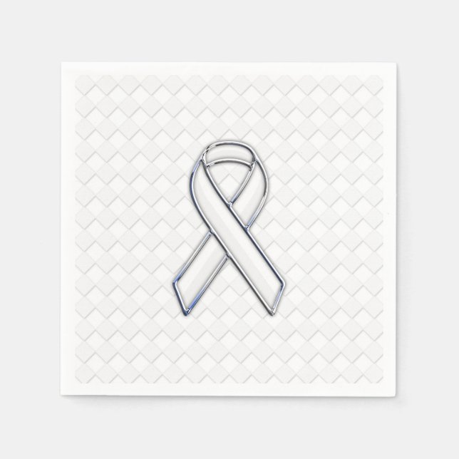 Modern White Ribbon Awareness on Checkers Print Napkin (Front)