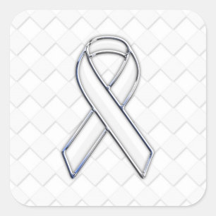 Modern White Ribbon Awareness on Checkers Print Square Sticker