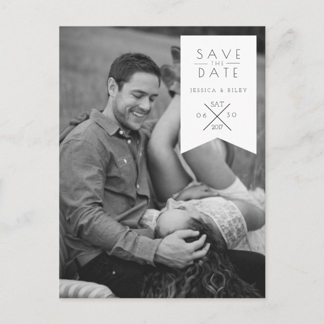 Modern White Ribbon | Save The Date Photo Announcement Postcard (Front)