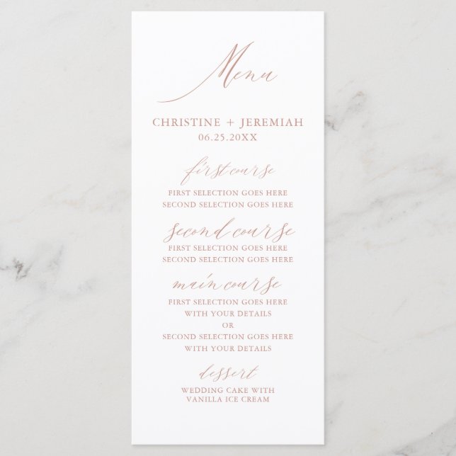 Modern White Rose Gold Elegant Script Wedding Menu (Front)