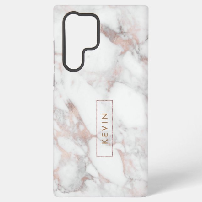 Modern White & Rose-Gold Faux Marble Samsung Galaxy S22 Ultra Case (Back)