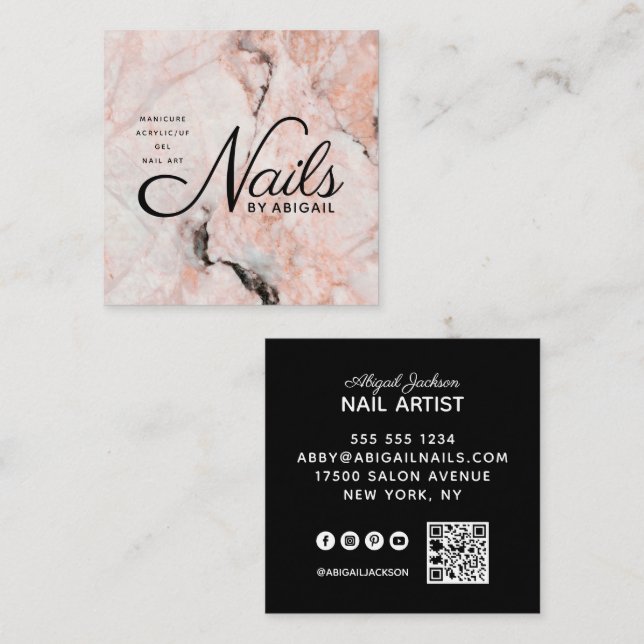 Modern White Rose Marble Nails By "Name" QR Code Square Business Card (Front/Back)