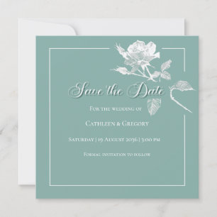 Modern White Roses Sage Green Floral Wedding Save The Date