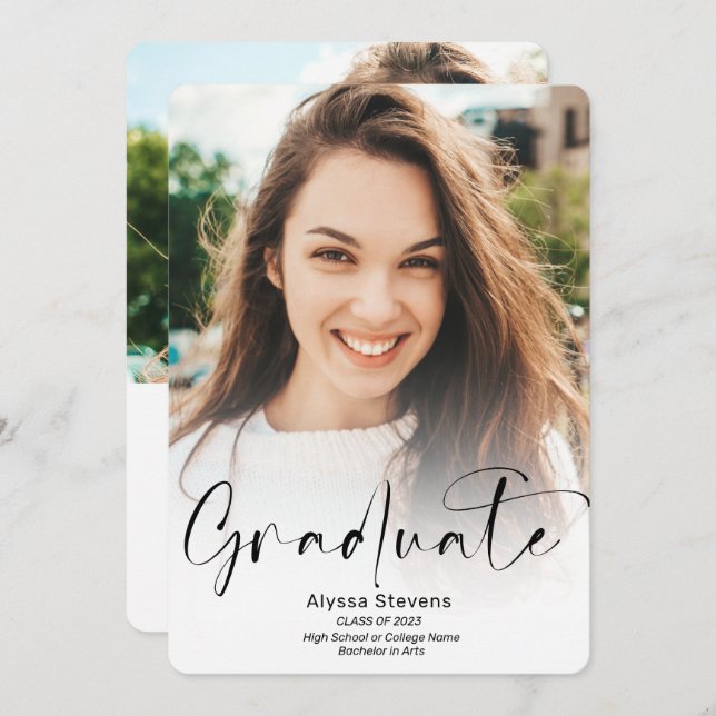 Modern white script 2 photos graduation announcement (Front/Back)