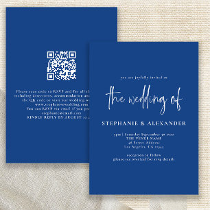Modern White Script Blue QR Code Wedding Invitation