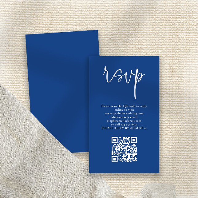 Modern White Script Blue QR Code Wedding RSVP  Enclosure Card (Front and back view)