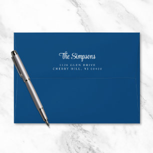 Modern White Script Blue Return Address Envelope
