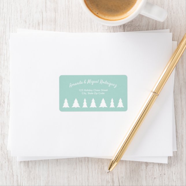 Modern White Script Christmas Trees on Mint Green Label (Insitu)