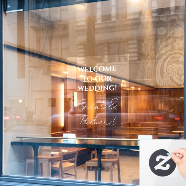 Modern White Script Couples Names Wedding Welcome (Cafe Window)