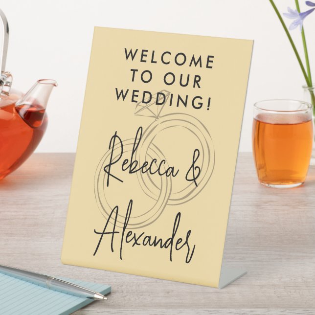 Modern White Script Couples Names Wedding Welcome Pedestal Sign (In SItu)
