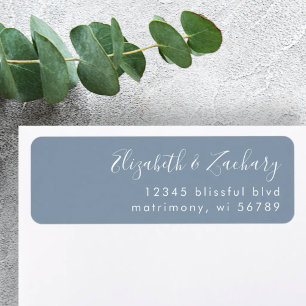 Modern White Script Dusty Blue Return Address Label
