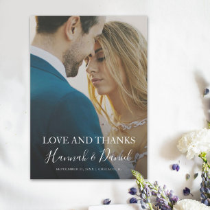 Modern White Script Full Photo Custom Wedding Thank You Card