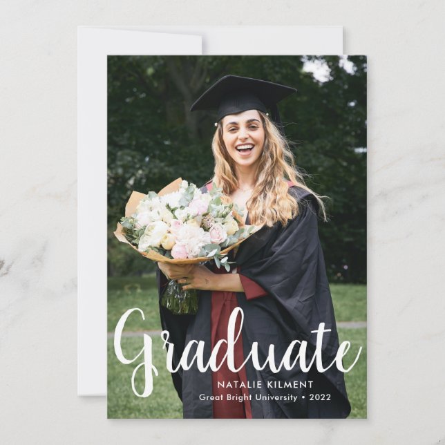Modern White Script Graduate Photo Graduation Announcement (Front)
