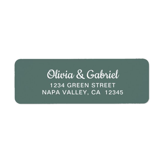 Modern white Script. Green Wedding Return Address Label (Front)