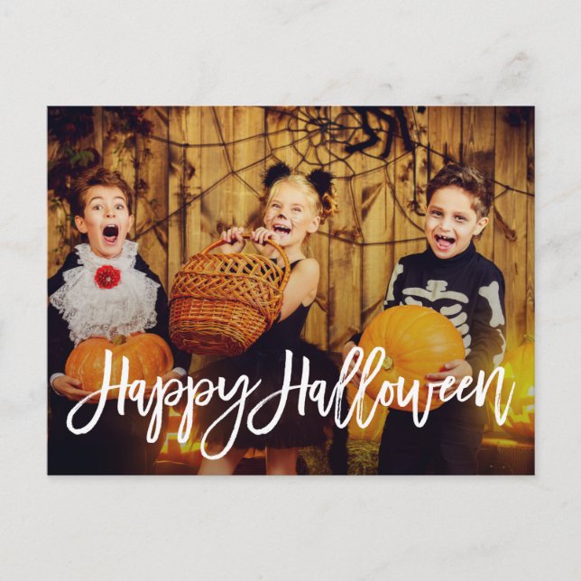 Modern White Script Happy Halloween Postcard (Front)
