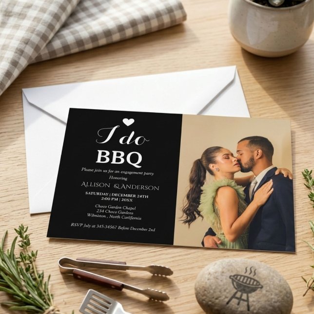 Modern white script i do bbq engagement party  invitation (Creator Uploaded)