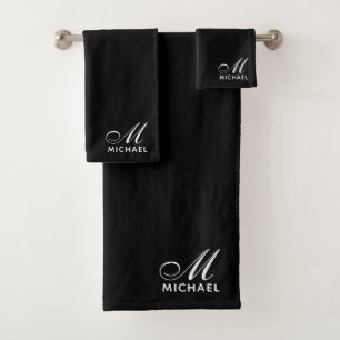 Modern White Script Initial Monogram Black Bath Towel Set