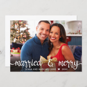 Modern White Script Married and Merry Photo Holiday Card
