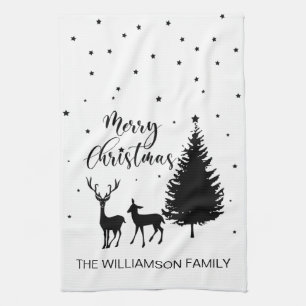 Modern White Script "Merry Christmas" and Deer Kit Tea Towel