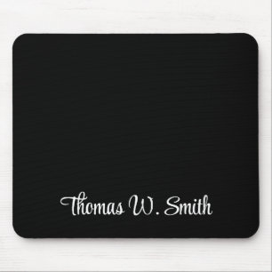 Modern White Script Monogram Black Mouse Pad