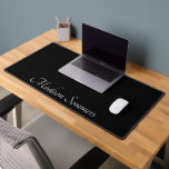 Modern White Script Name On Black Desk Mat<br><div class="desc">Personalise this modern black desk mat with your name in a modern white script on black. A perfect back to school gift for a student. Pretty flowing handwritten style script type.</div>