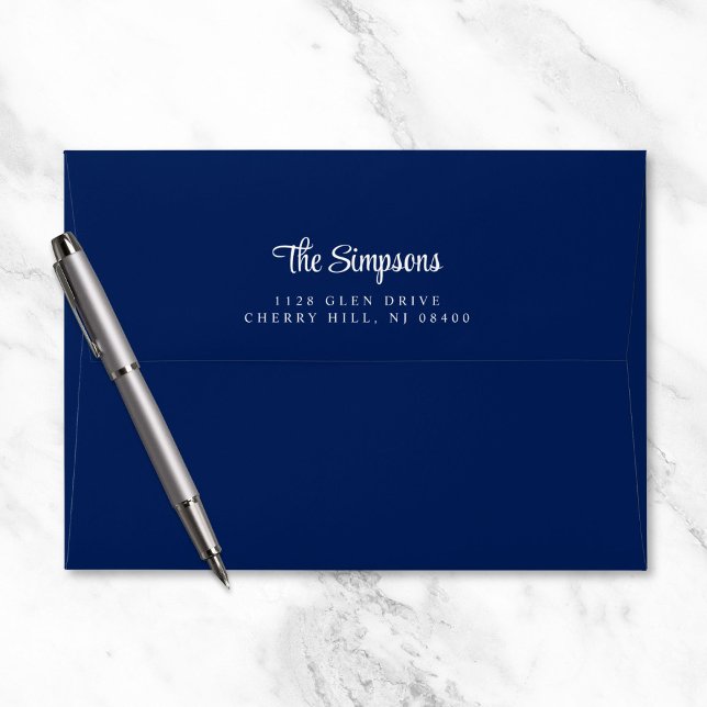 Modern White Script Navy Blue Return Address Envelope (Creator Uploaded)