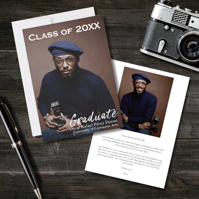 Modern White Script Overlay Graduate 2 Photo Announcement (Creator Uploaded)