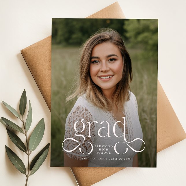 Modern White Script Photo Graduation Announcement Postcard (Creator Uploaded)
