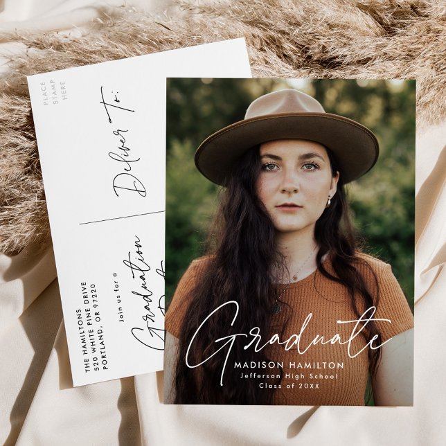Modern White Script Photo Graduation Party Invitation Postcard (Creator Uploaded)