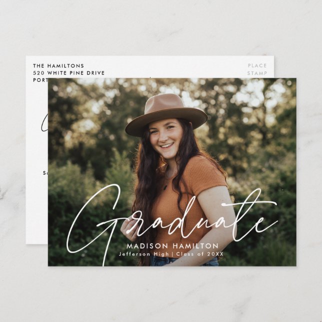 Modern White Script Photo Graduation Party Invitation Postcard (Front/Back)