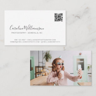 Modern White Script Photo QR Code Minimal Trendy Business Card