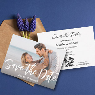 Modern White Script Photo Save the Date QR Code Card