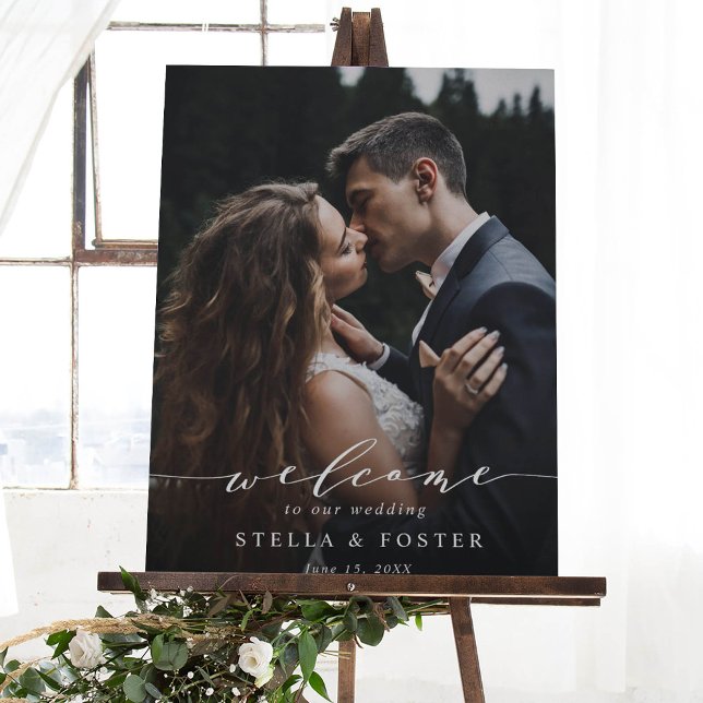 Modern White Script Photo Wedding Welcome Sign (Creator Uploaded)