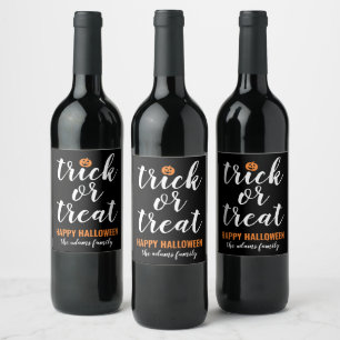 Modern White Script Trick or Treat Halloween Wine Label