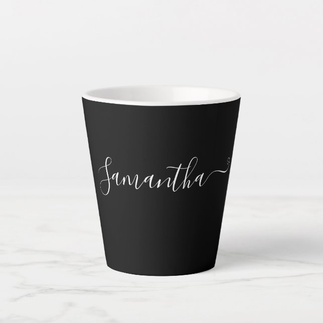 Modern White Script Typography Name On Black Latte Mug (Front)