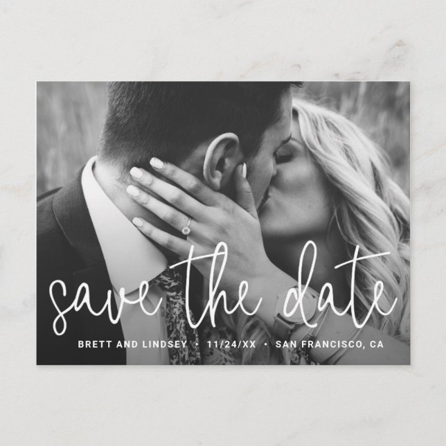 Modern White Script Typography Photo Save the Date Announcement Postcard (Front)