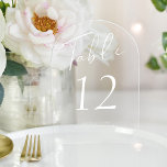 Modern white script wedding acrylic table number<br><div class="desc">Simple, elegant, minimalist hand-lettered white calligraphy script wedding reception personalised clear transparent (or opaque frosted) table card. The colours of the text and background are fully editable. PLEASE NOTE that to order different numbers you need to customise them and put them in the shopping cart one by one (one card...</div>